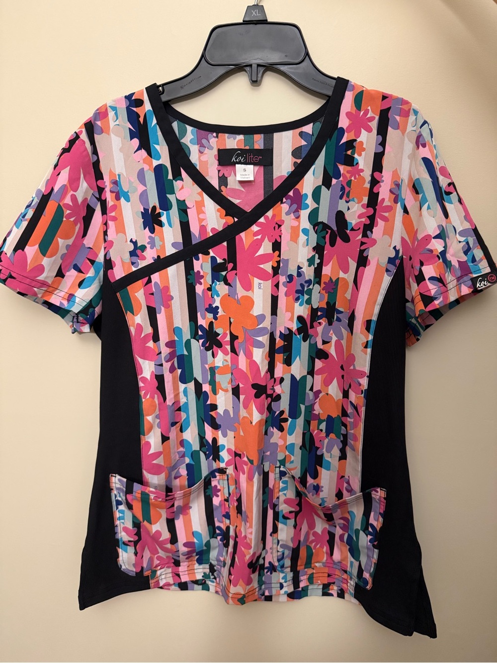 Koi Lite Women’s Short Sleeve Floral Stripe Scrub Top — Pink Multi